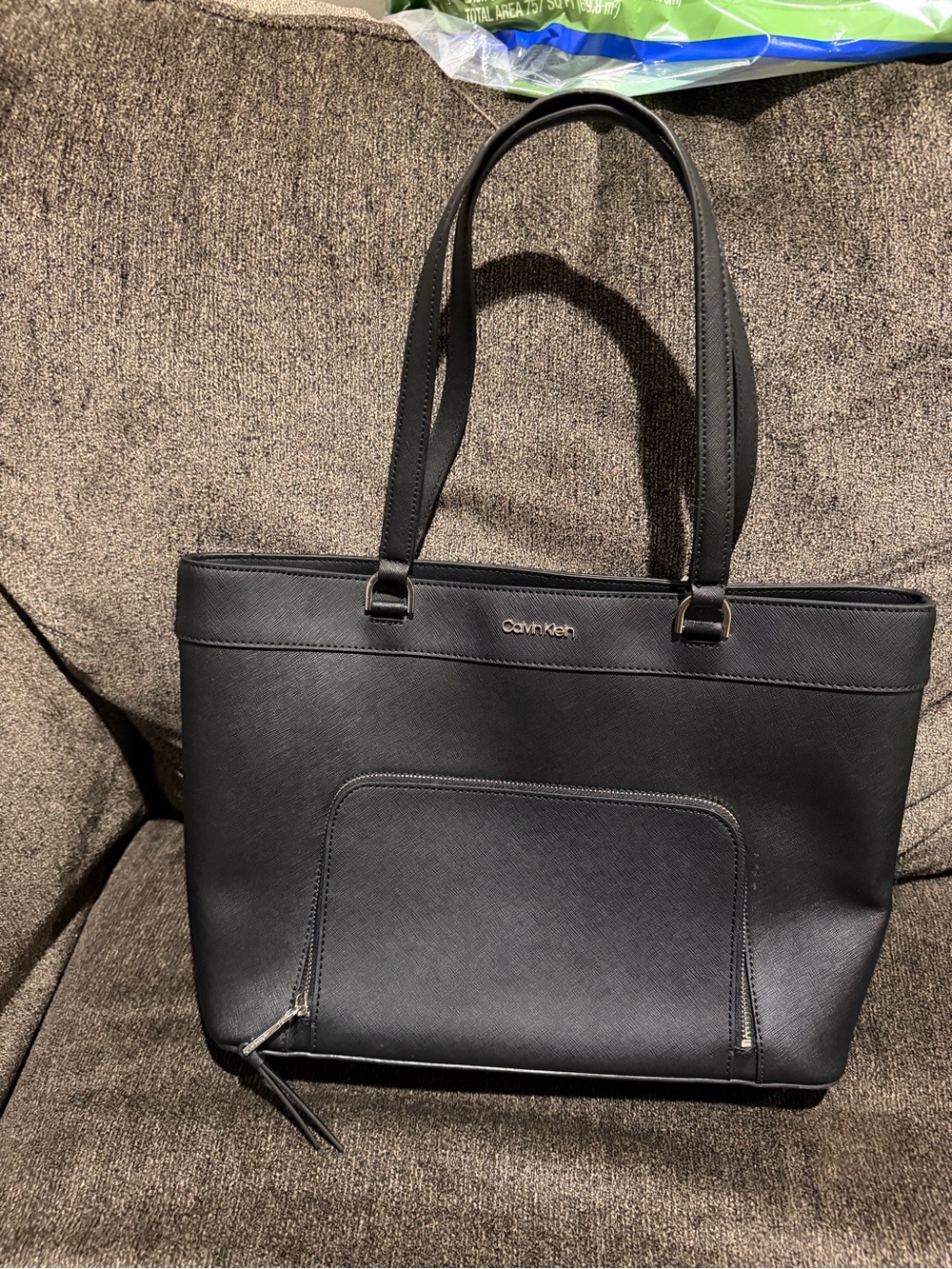 Calvin Klein Black Leather Tote Bag with Front Zip Pocket
